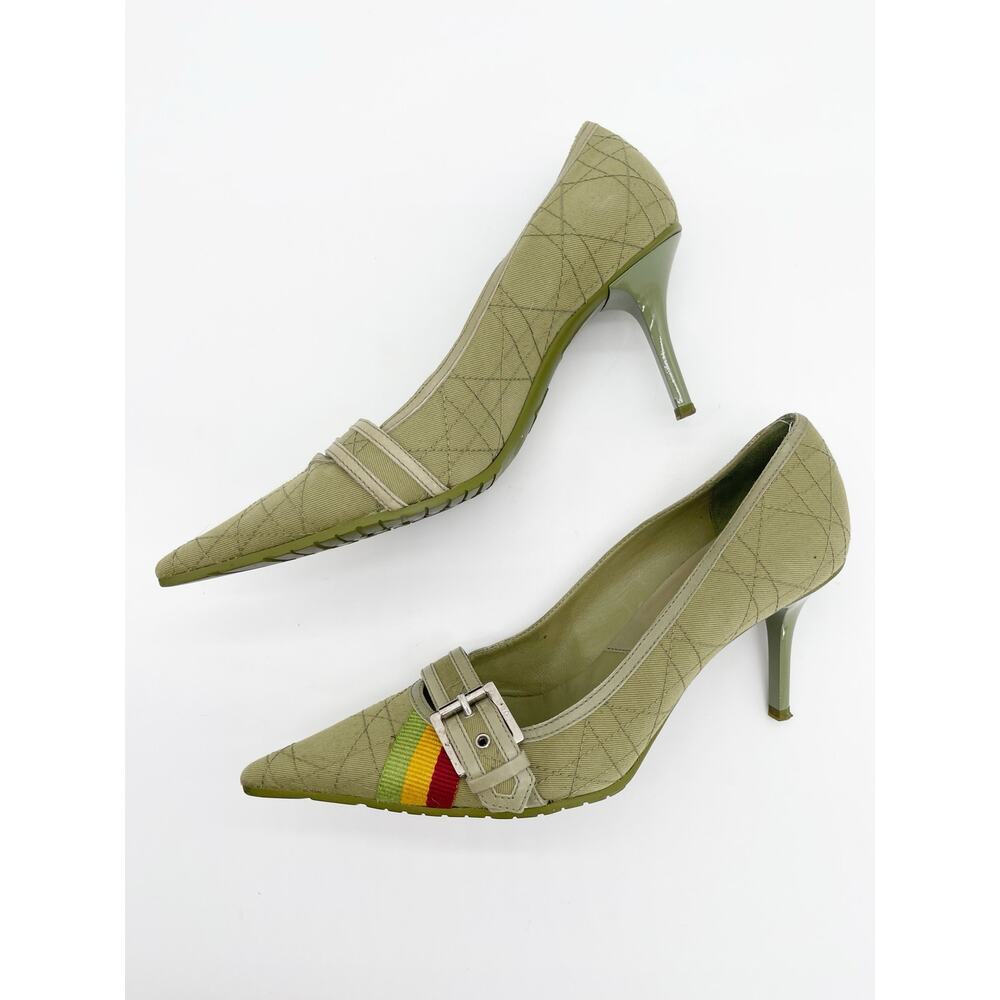 Christian Dior Vintage Green Cannage Rasta Pointed Toe Buckle Pumps Heels EU 37 - Picture 5 of 14